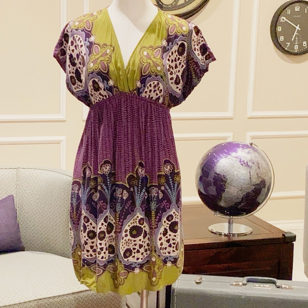 Xhilaration Purple & Green Patterned Dress Small